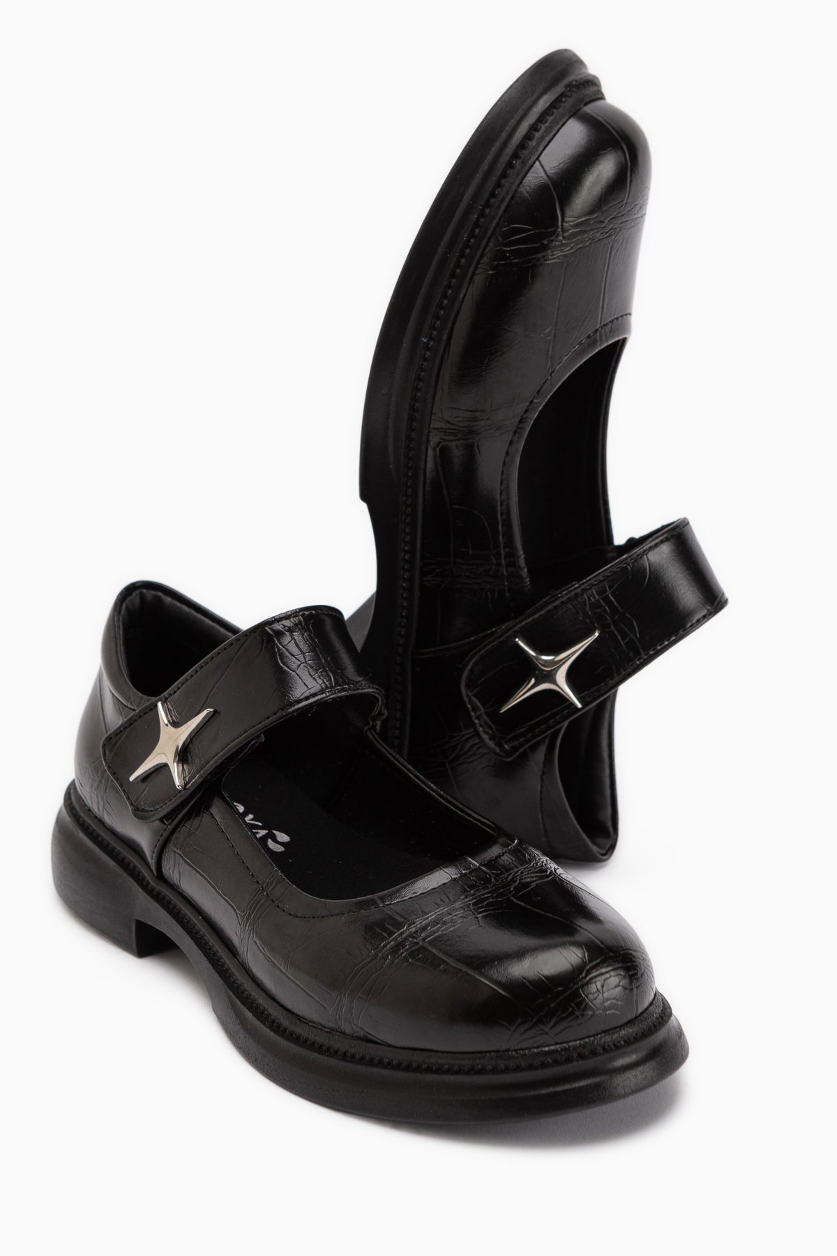 Rozalin Schwarze Krokodilriemen Dicke Sohle Damen Mary Jane Ballerinas