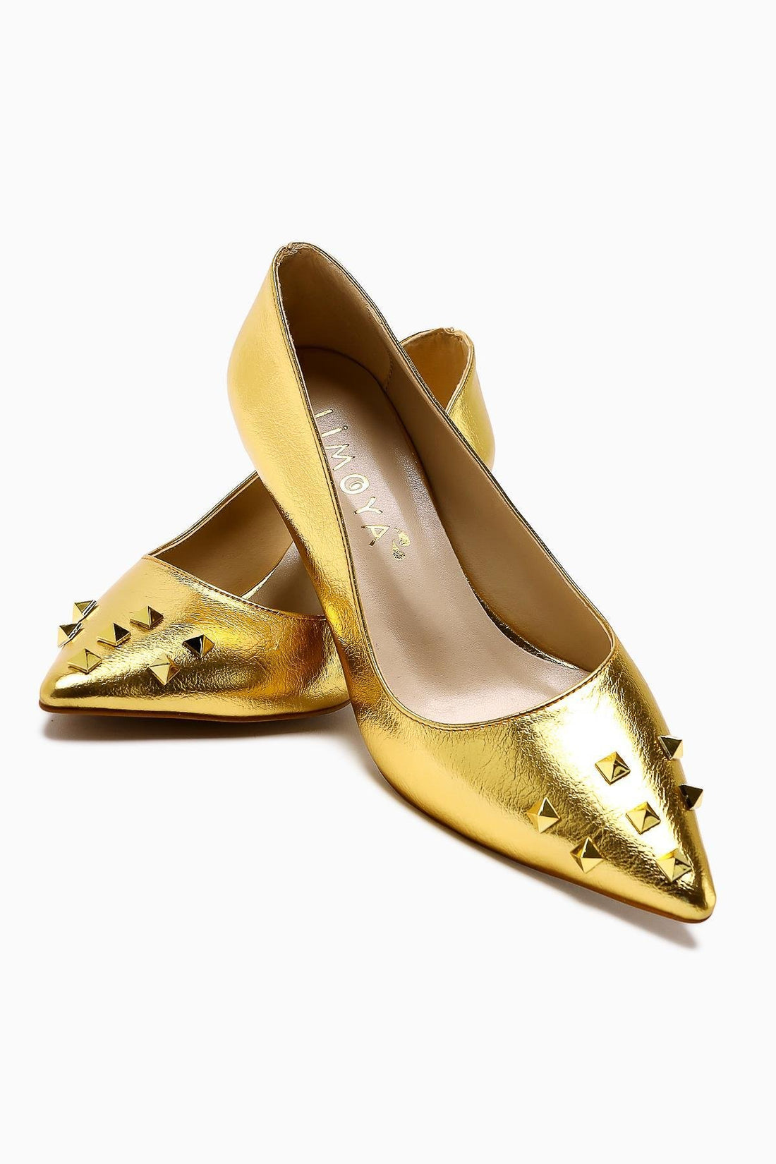 Anni Gold Shiny Wrinkled Patent Leather Pyramidal Studded Heeled Women's Shoes