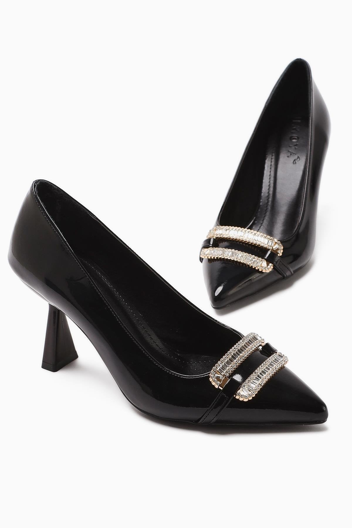 Ania Black Patent Leather Pointed Toe Stone Buckle Detailed Heeled Women's Shoes
