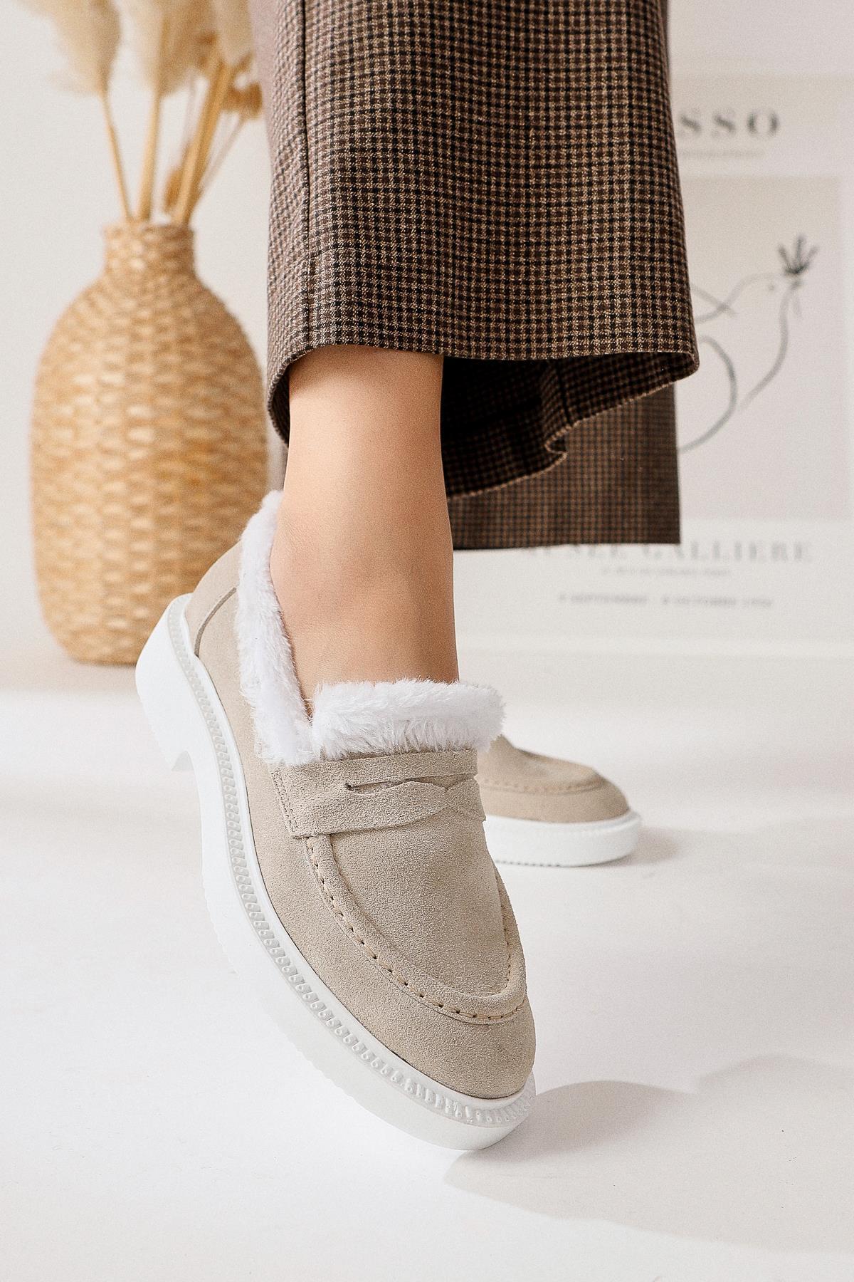 Genuine Leather Tommie Beige Suede Fur Casual Shoes