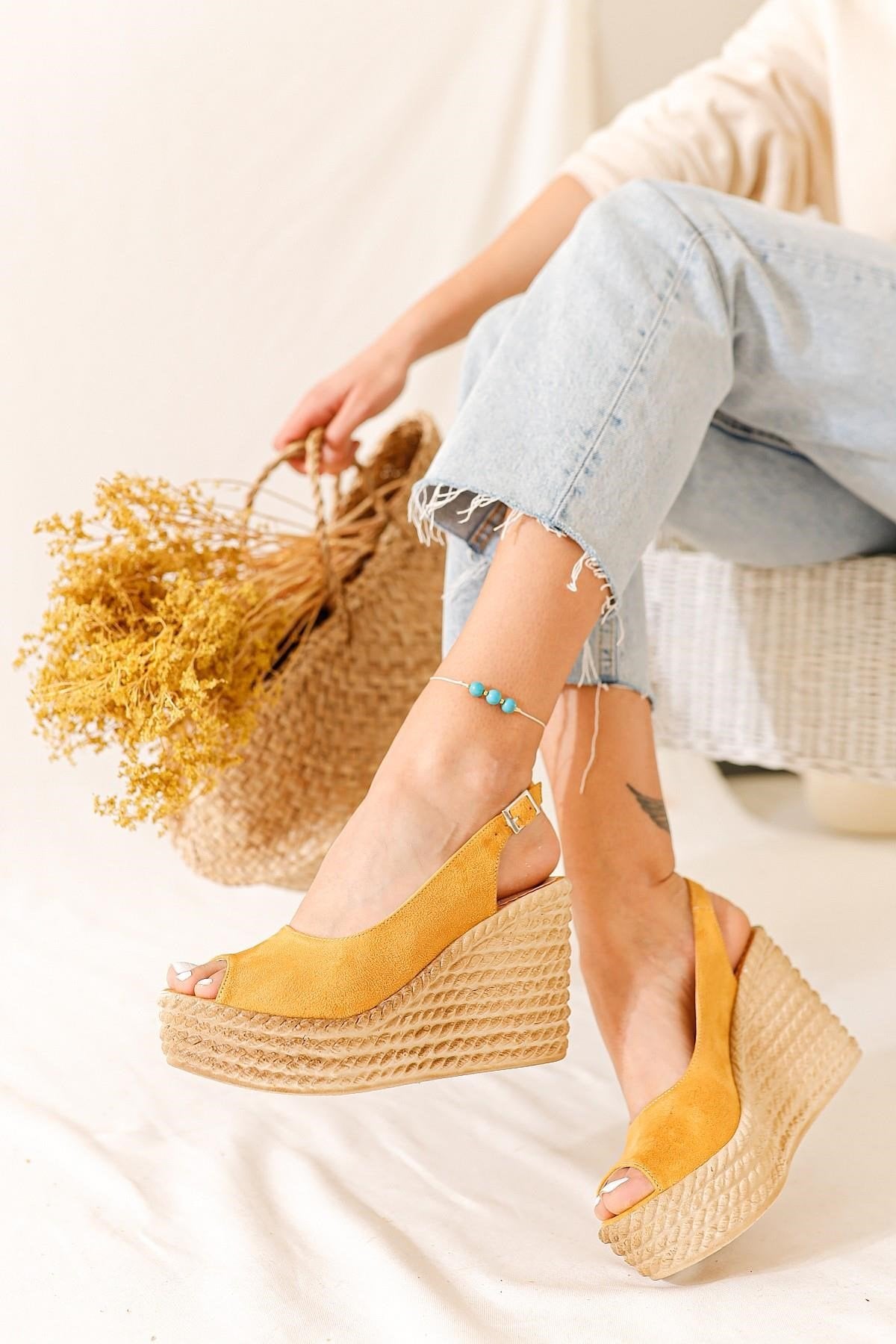 Marilyn Mustard Suede Wedge Sandals