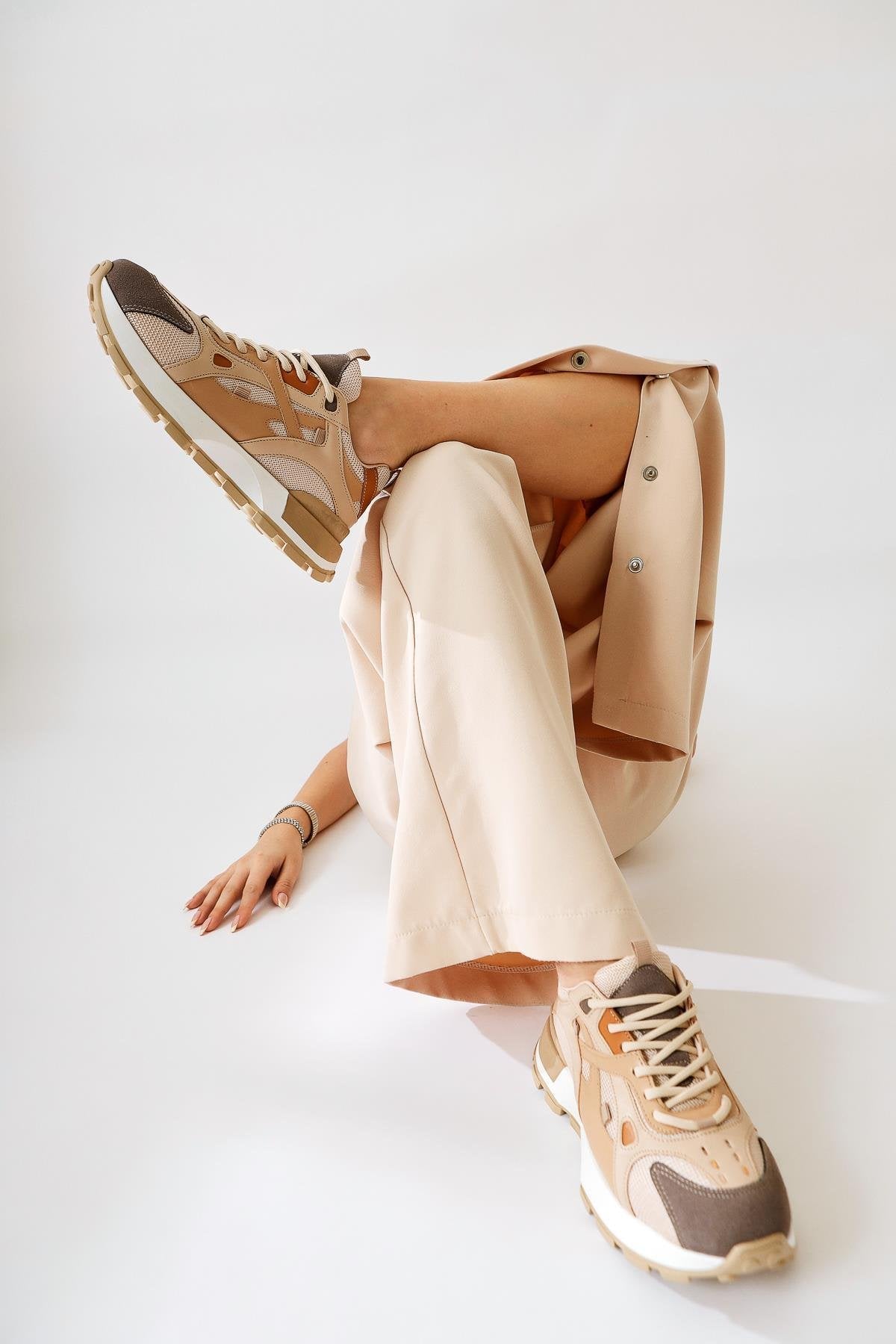 Siska Beige-Brown Lace-Up High Sole Sneakers