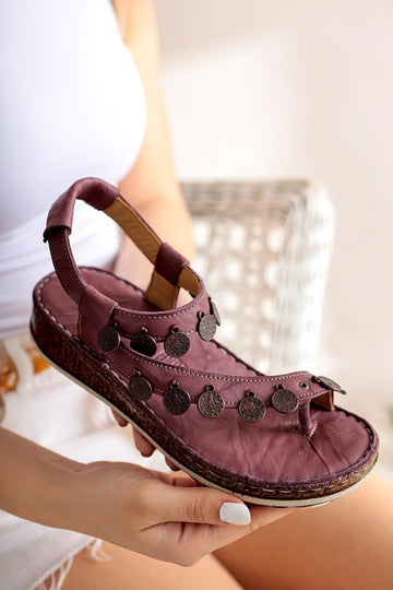 Genuine Leather Lilah Burgundy Antique Detailed Sandals
