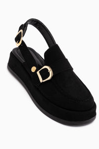 Gity Schwarzes Wildleder Doppel Schnalle Damen Slingback Loafer Schuhe
