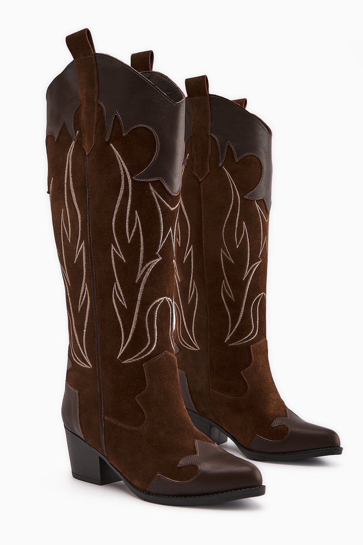 Lara Genuine Brown Suede Embroidered Leather Detailed Heeled Western Boots