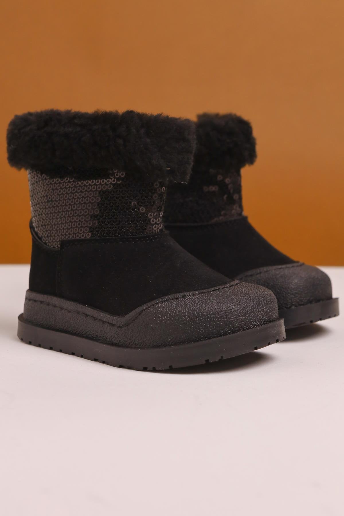 Eleen Schwarze Pailletten Pelzgefütterte Baby Stiefel