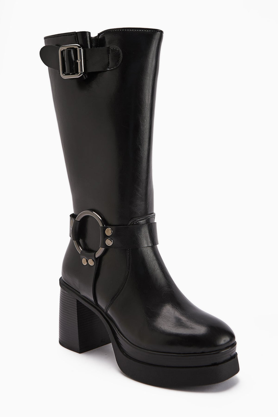 Beris Black Buckle Detail Platform High Heel Women's Boot