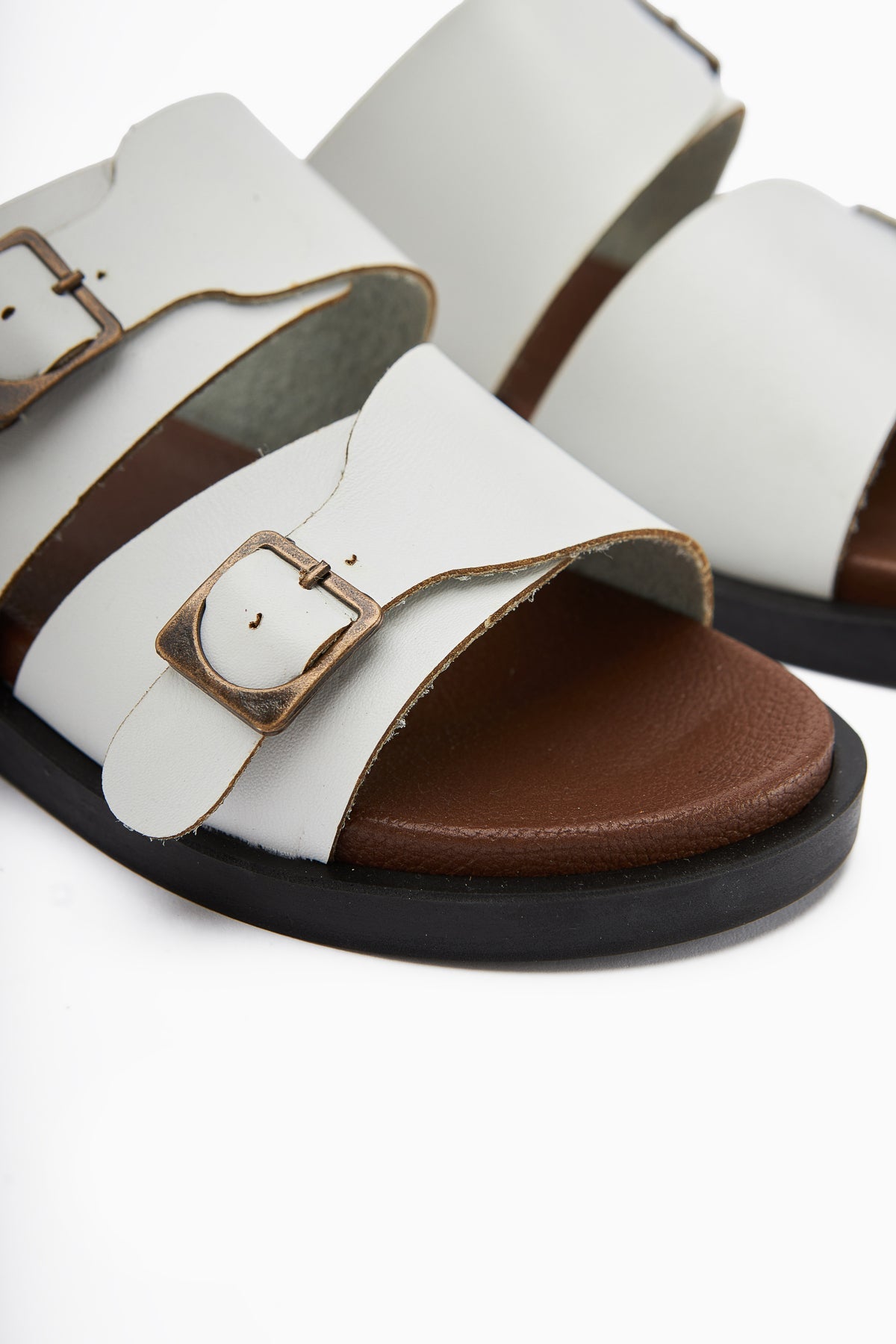 Soha Weißer Doppelriemen Flacher Damen Slipper