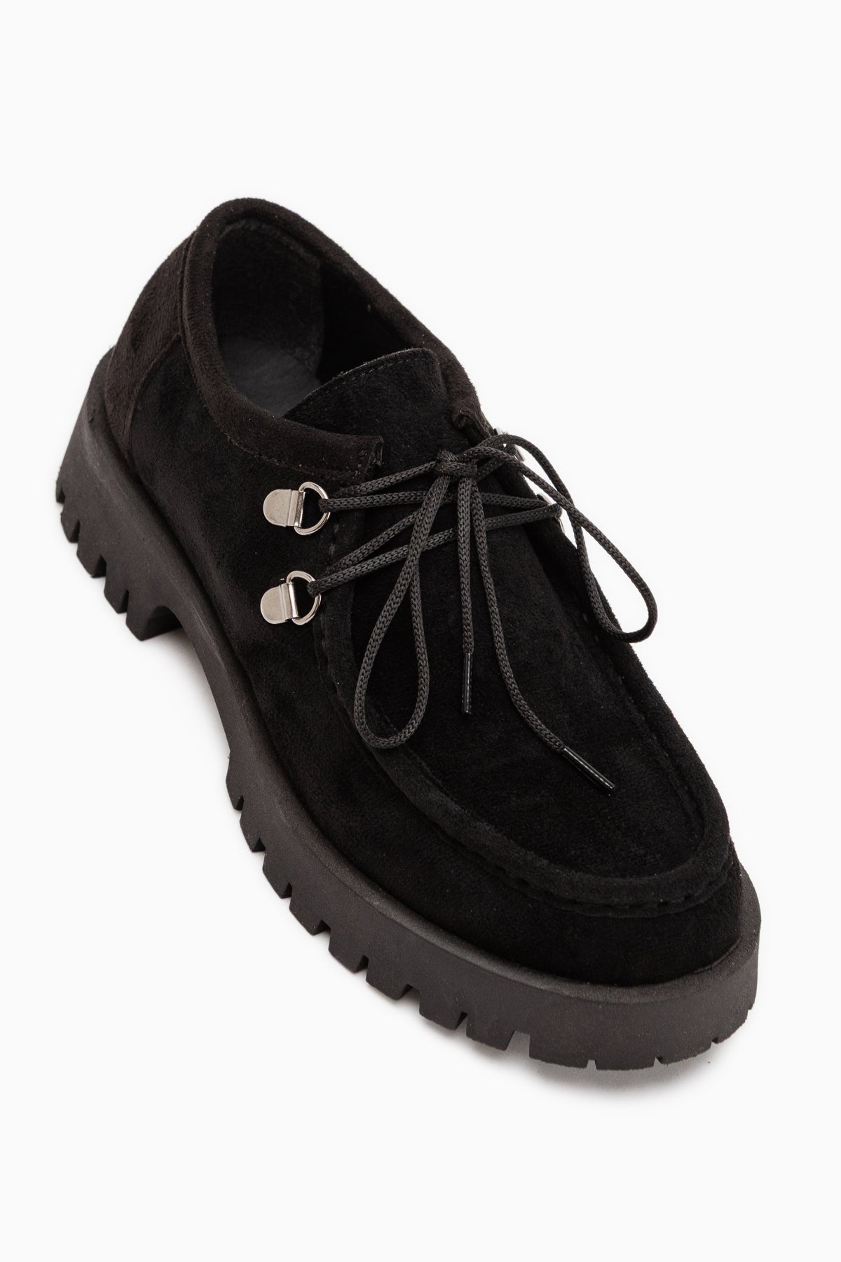 Trudy Black Suede Lace-Up Thick Sole Women’s Loafer