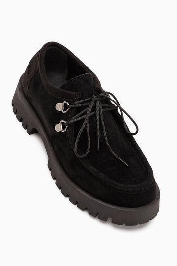 Trudy Black Suede Lace-Up Thick Sole Women’s Loafer