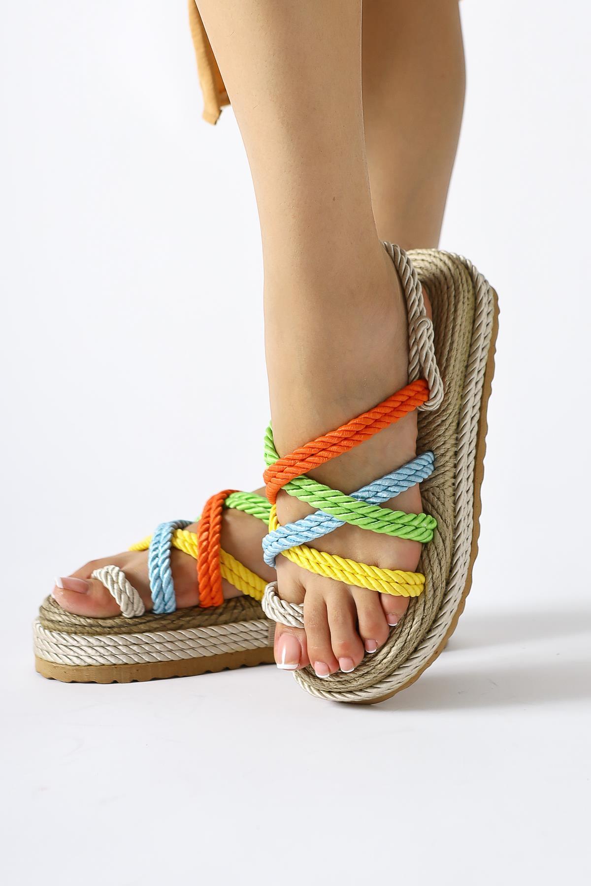 Spresa Cream-Multicolored Thick Soled Rope Sandals