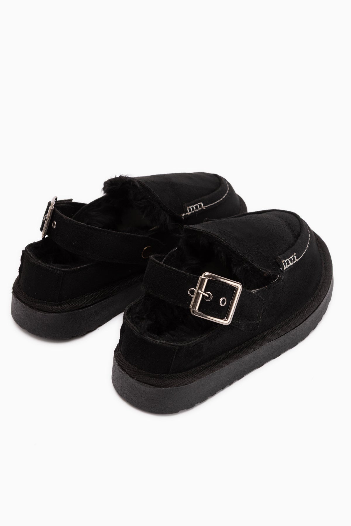Cathy Schwarzes Wildleder mit Fell Damen Pantoletten