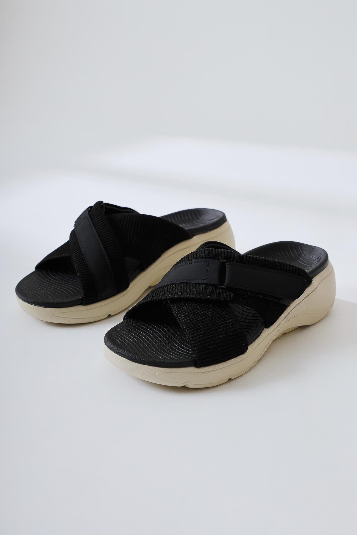 Jola Black Cross Textile Band Comfortable Sole Slippers