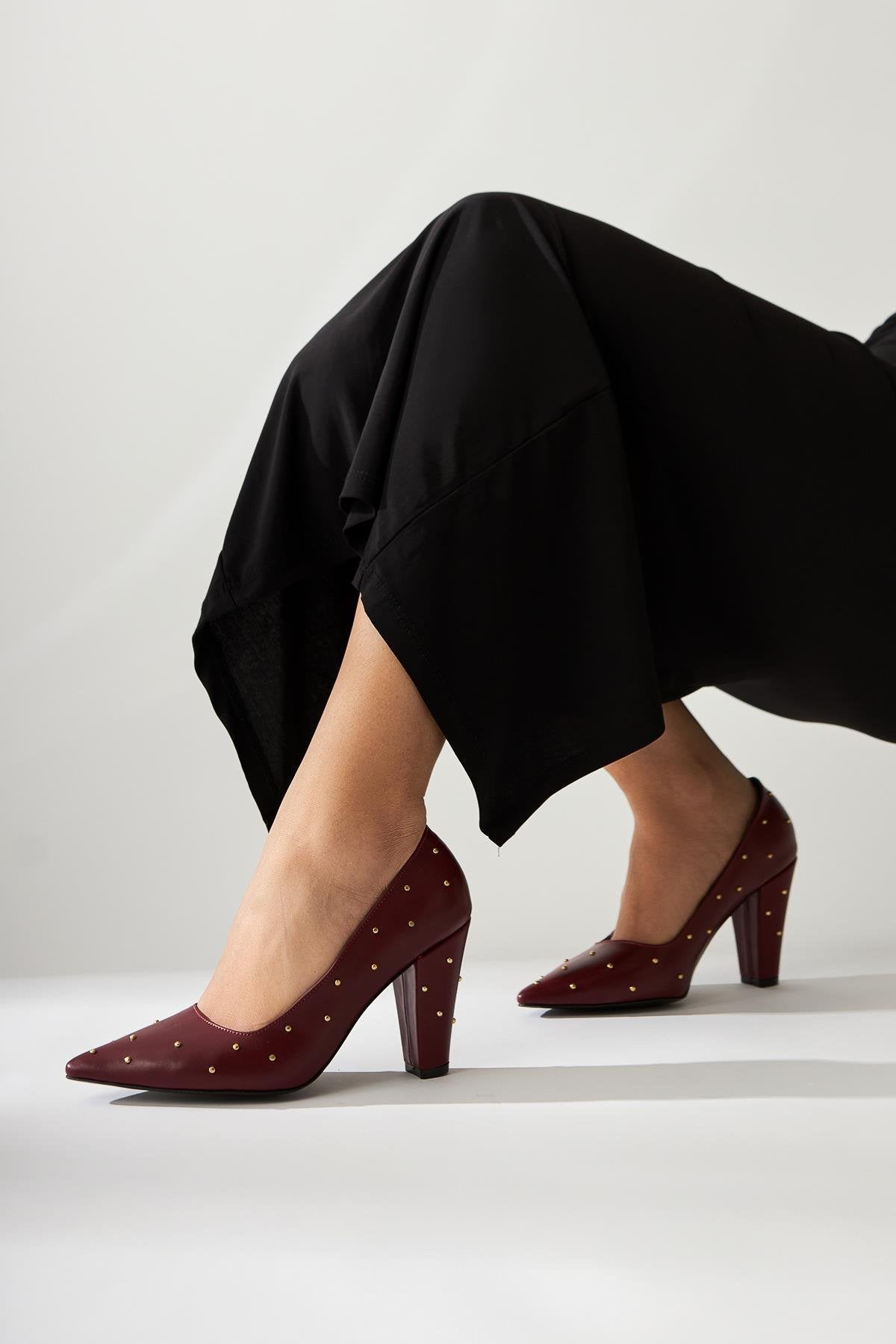 Audrey Claret Red Pointed Toe Studded Detailed Heeled Women's Shoes