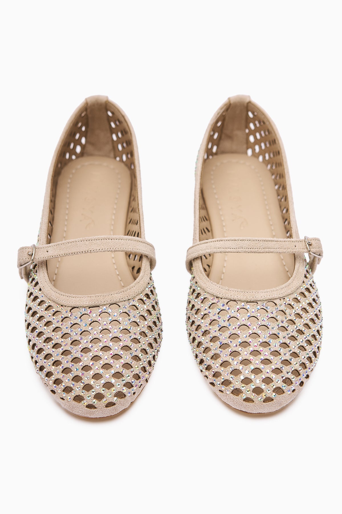Nicole – Nude Suede Oval-Toe Perforated Stone-Detail Single-Strap Casual Shoe (Women)