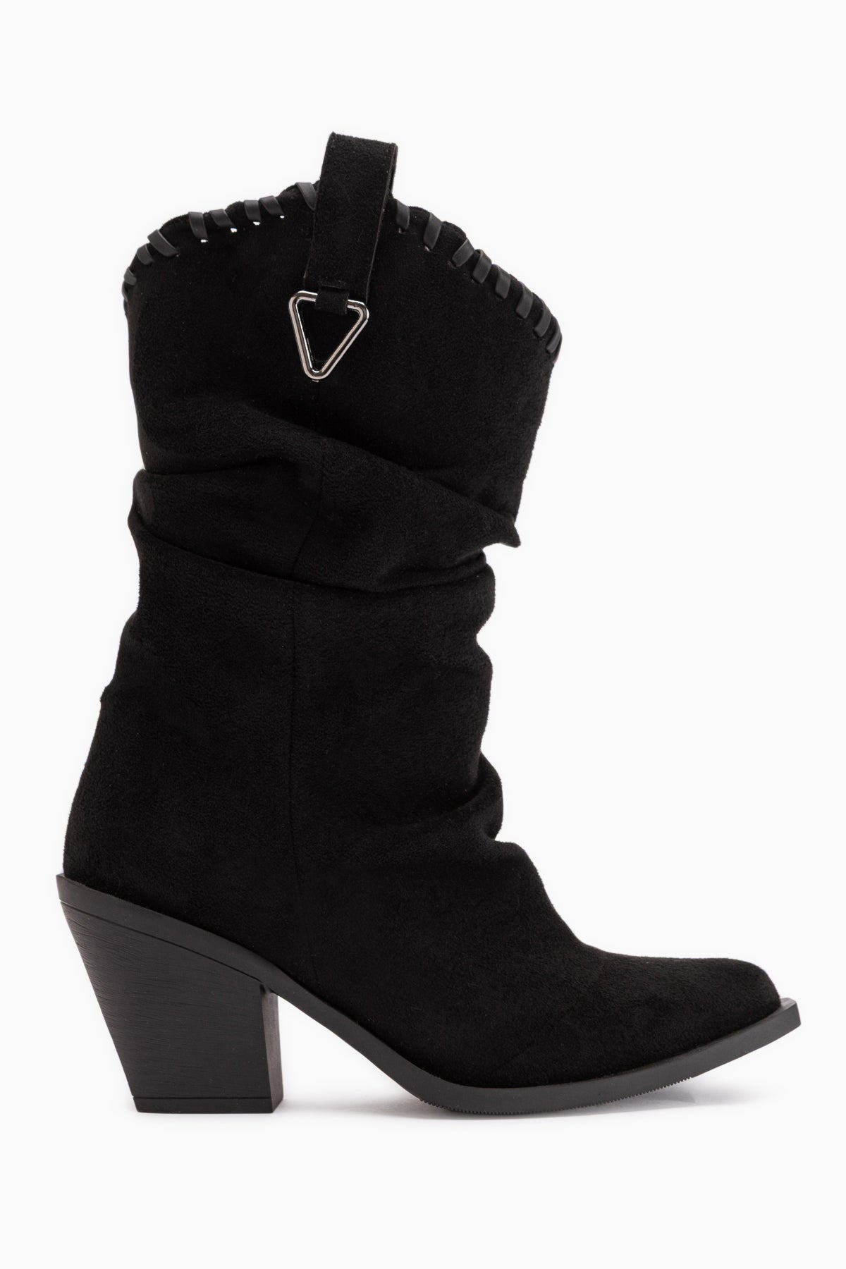Reba Schwarze Wildleder Falten Dicke Absatz Damen Cowboy Stiefel
