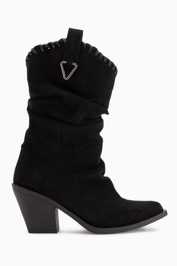 Reba Schwarze Wildleder Falten Dicke Absatz Damen Cowboy Stiefel
