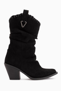 Reba Schwarze Wildleder Falten Dicke Absatz Damen Cowboy Stiefel