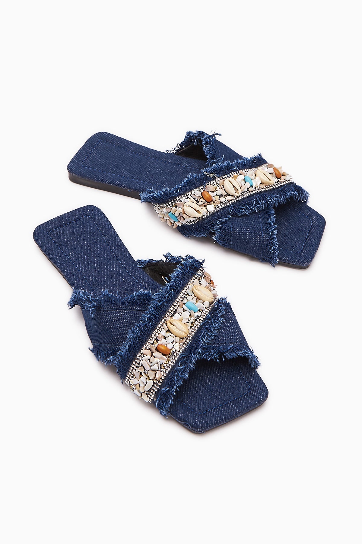 Felisa Navy Stone and Sea Shell Embellished Bohemian Women's Slippers