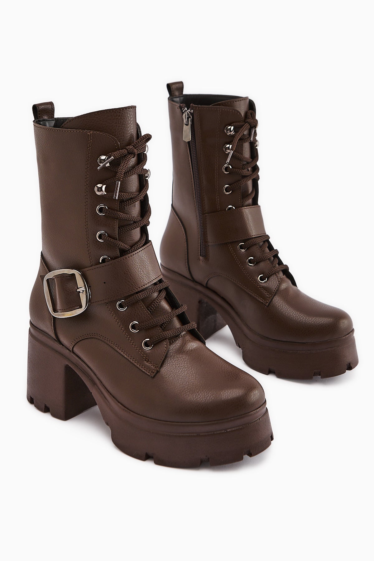 Caklin Women's Coffee Platform Heeled Boot with Belt Detail