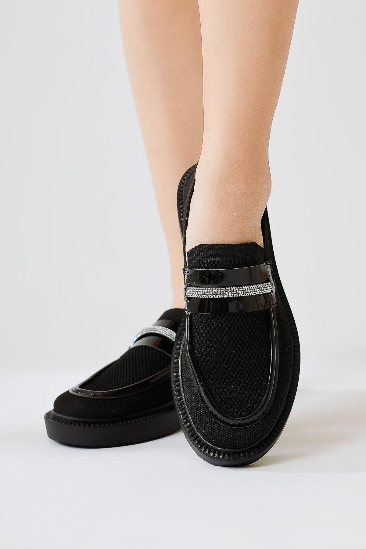 Micka Black Knitted Patent Leather Detailed Stone Banded Casual Shoes