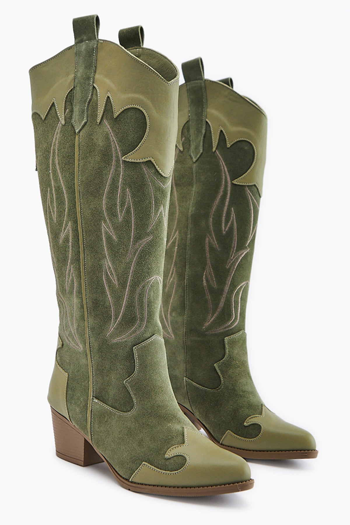 Lara Genuine Leather Olive Suede Embroidered Leather Detailed Heeled Western Boot