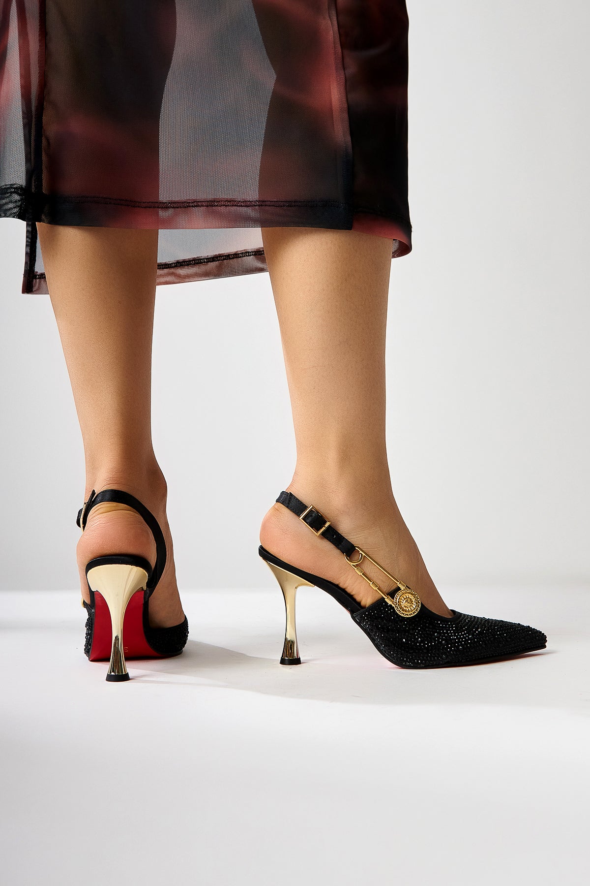 Denise Steinverzierte Schwarze Knöchelbindung Absatz Damenschuh