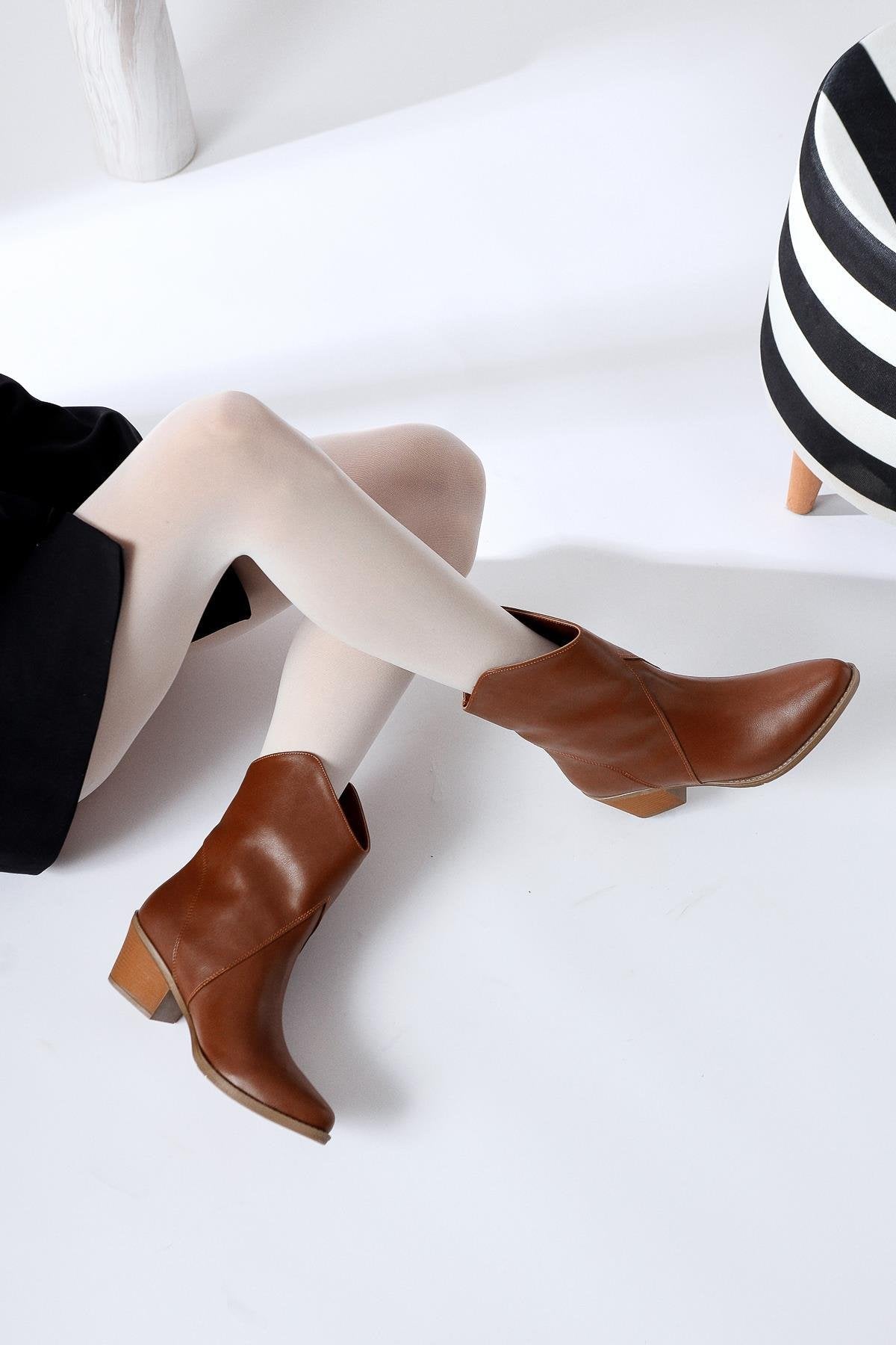 Knut Tan Asymmetric Cut Pointed Toe Western Boots