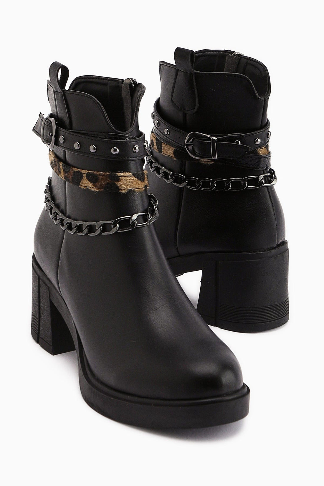 Anissa – Schwarz Stiefelette mit Ketten- und Riemen-Detail, Blockabsatz (Damen)