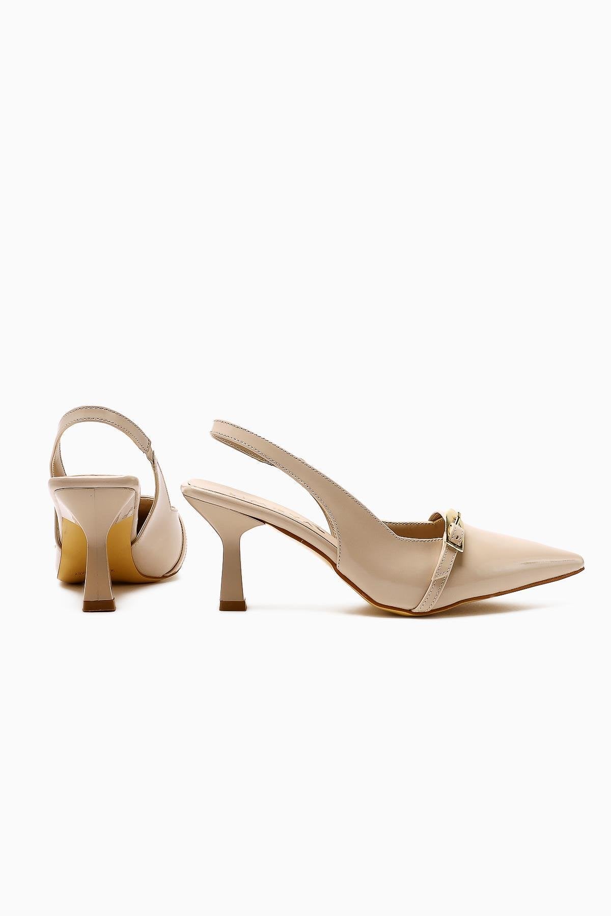 Camillas Beige Patent Leather Pointed Toe Buckle Detailed Women's High Heel Shoes