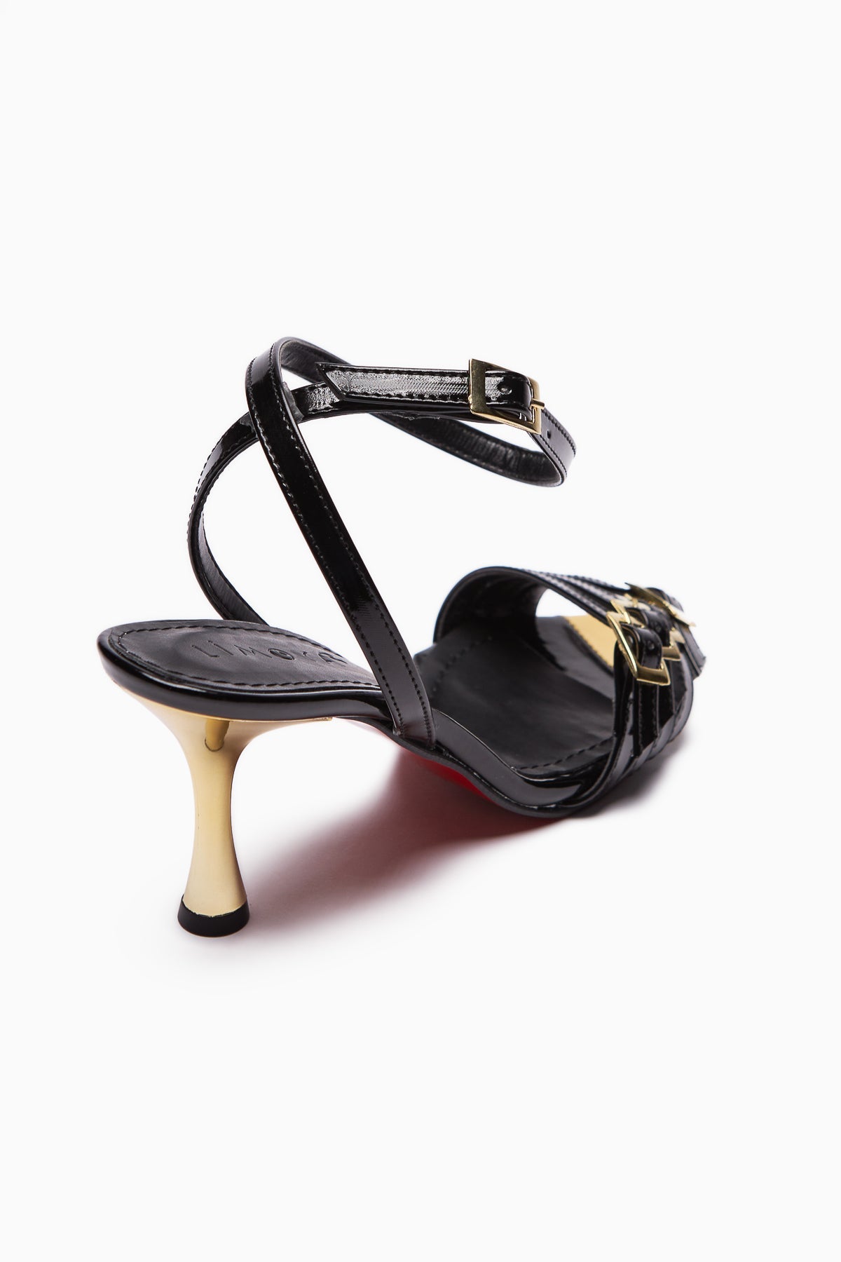 Helna Schwarze Stiletto-Sandalen für Frauen mit Goldschnalle und Knöchelriemen