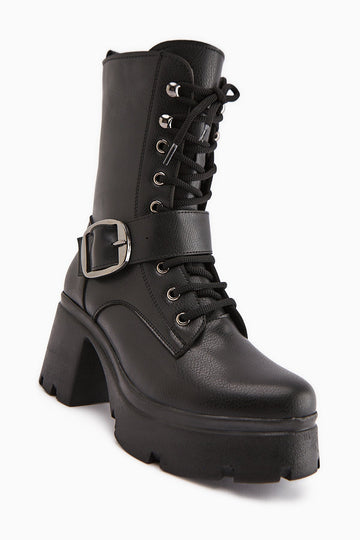 Caklin Women's Black Platform Heeled Boot with Belt Detail