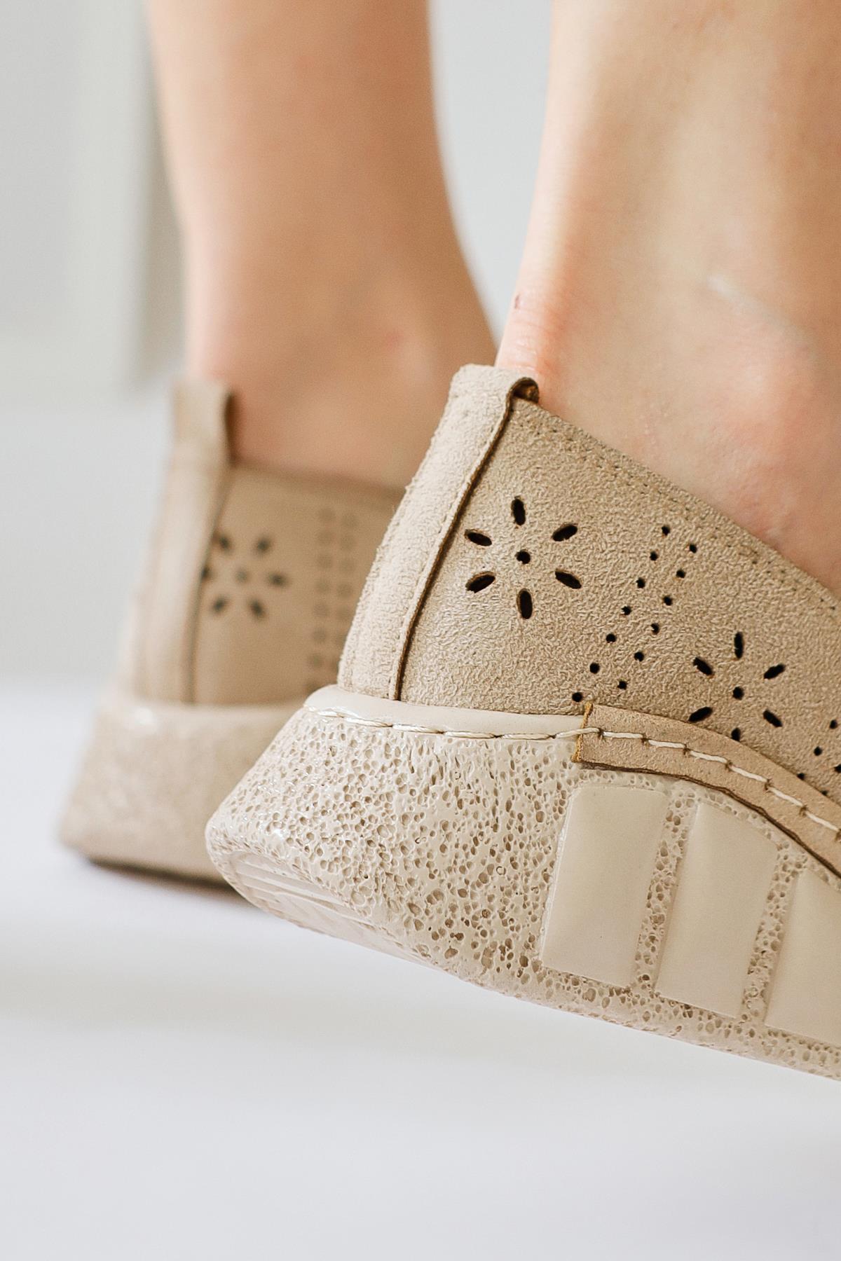 Bethina Beige Suede Rivet Detailed Laser Perforated Ballerinas
