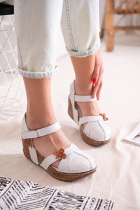 Genuine Leather Katlyn White Flower Detail Closed Toe Wedge Sandals