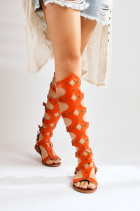 Echtes Leder Haixia Orange Gladiator Damen Sandale