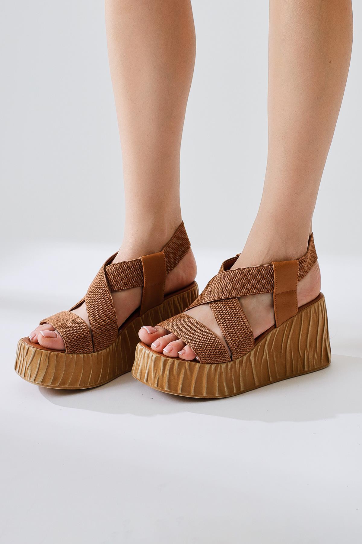 Mujda Tan Rubber Banded Wedge Heeled Shoes
