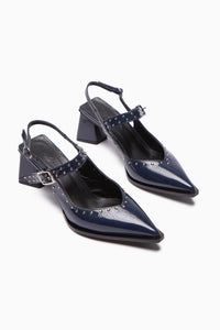 Nuria Marineblaues Lackleder Spitze Zehenriemen Sandalen für Frauen