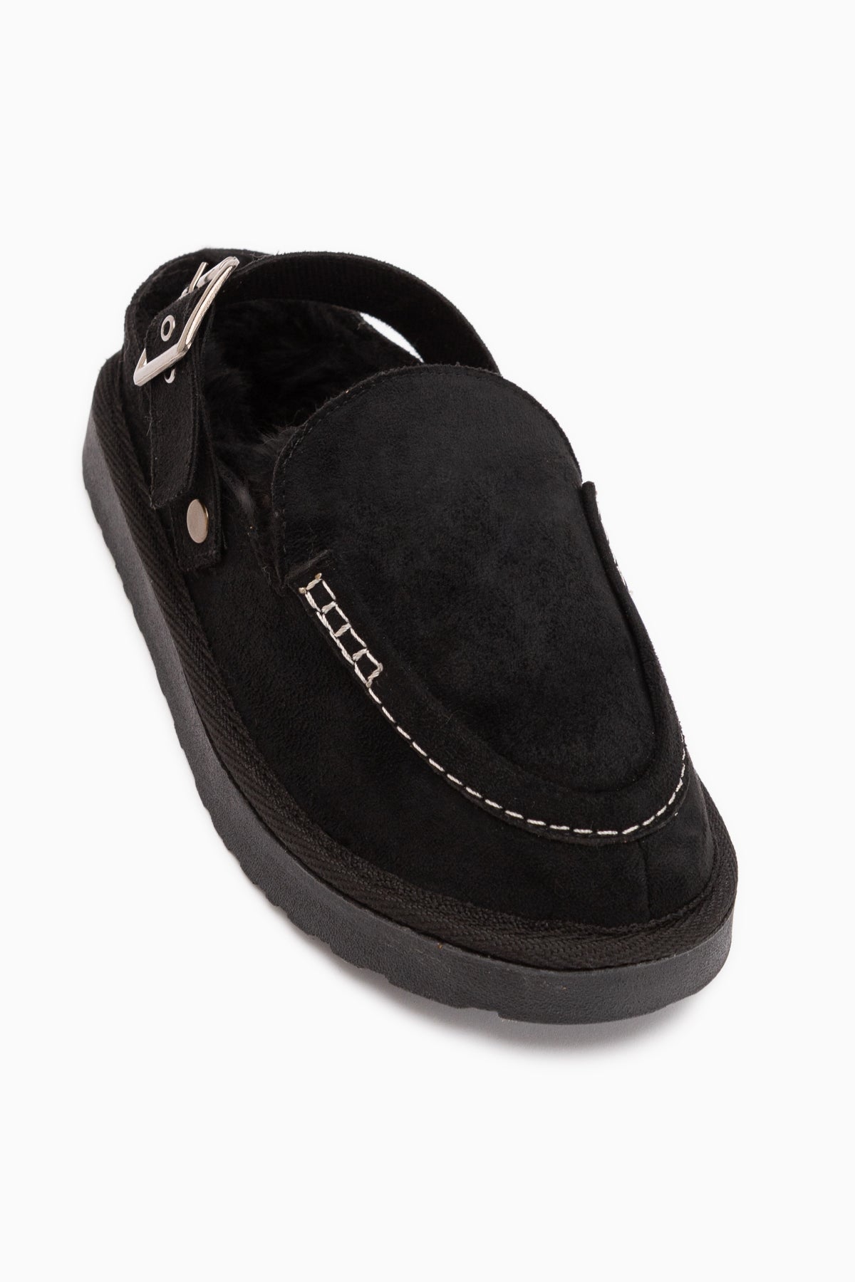 Cathy Schwarzes Wildleder mit Fell Damen Pantoletten