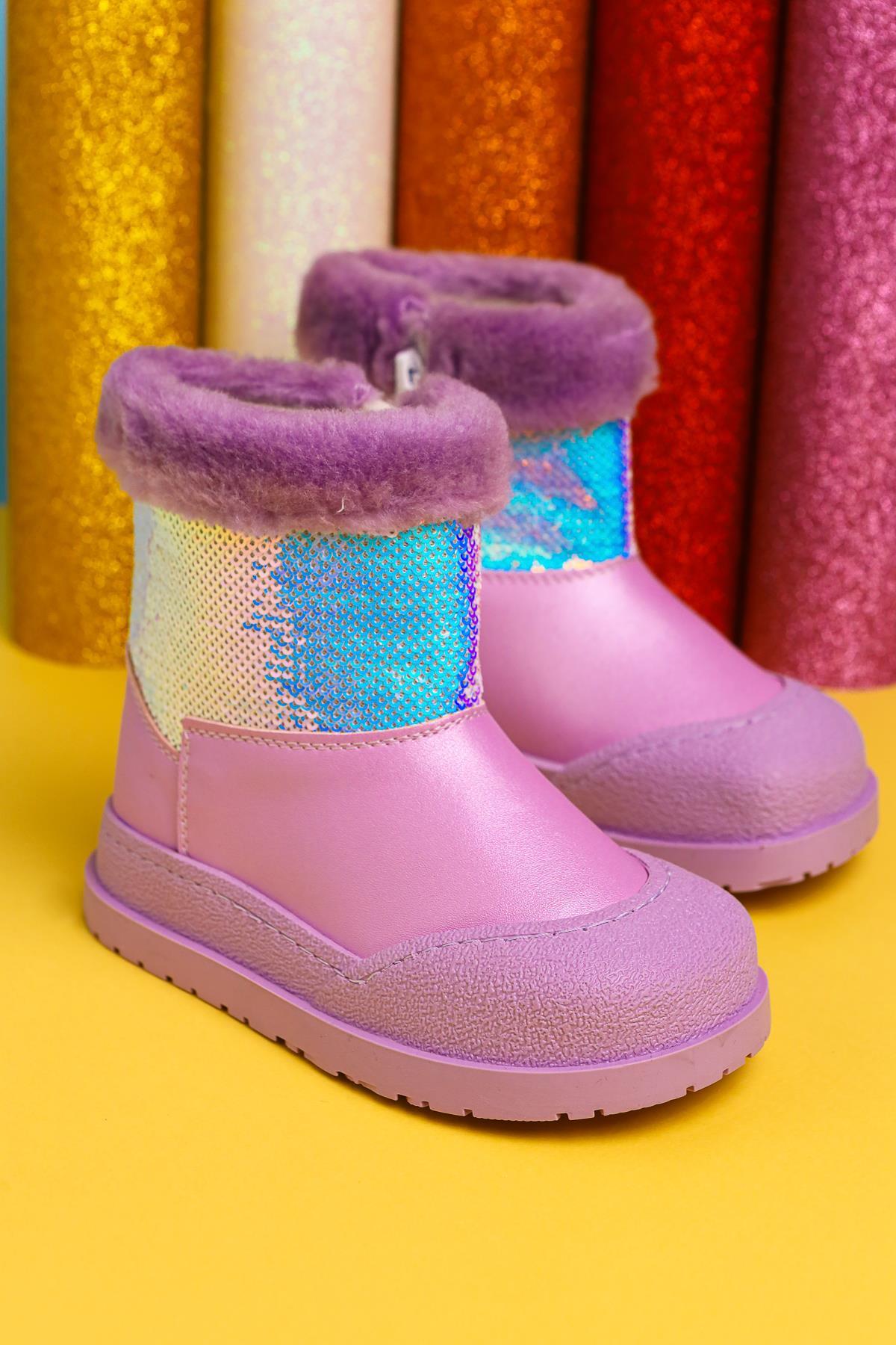Hanne – Lila Stiefelette mit Pailletten und veganem Fellfutter (Kinder)