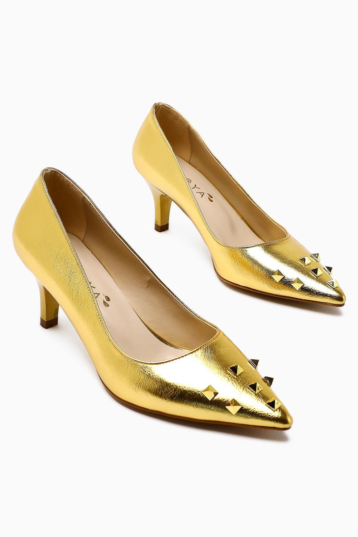 Anni Gold Shiny Wrinkled Patent Leather Pyramidal Studded Heeled Women's Shoes