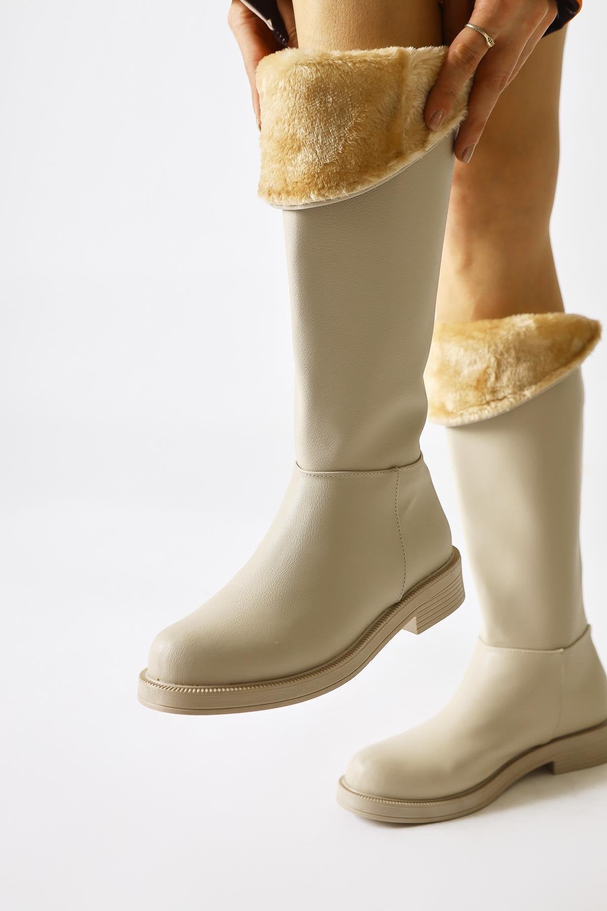 Gigi Beige Fur Lined Foldable Back Zipper Boots