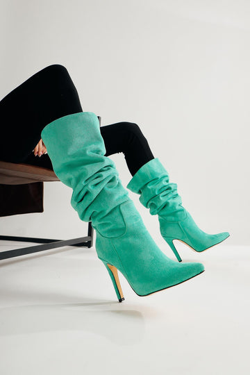 Nenya – Grün gemustertes Velours Overknee-Stiefel mit spitzer Zehenpartie und Stilettoabsatz (Damen)