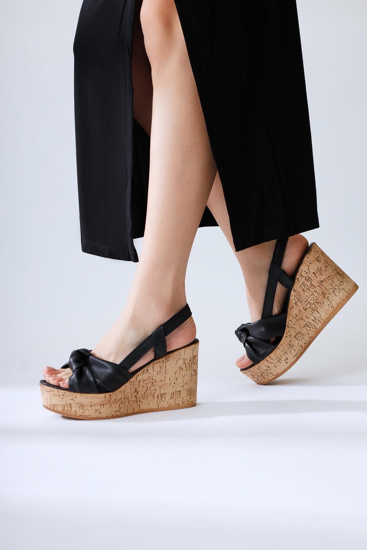 Leina Black Cork Sole Wedge Heel Sandals