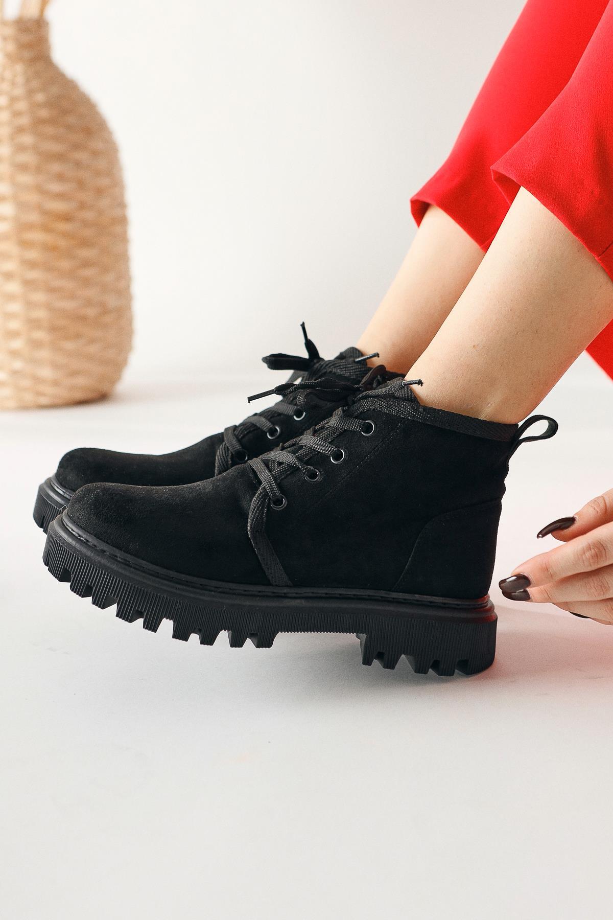 Venetia – Black Suede Oval-Toe Lace-Up Boot