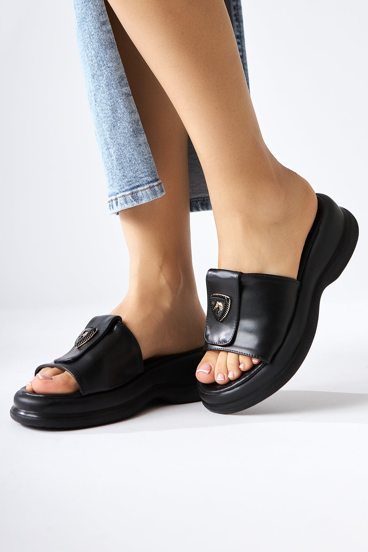 Kaylee Black Buckled Women's Slippers