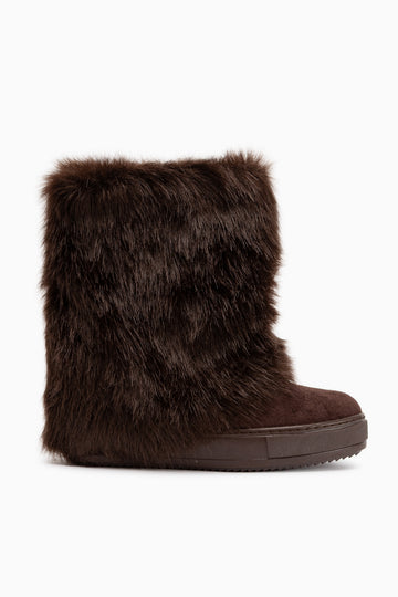 Randi Brown Suede Hidden Wedge Feathered Boots