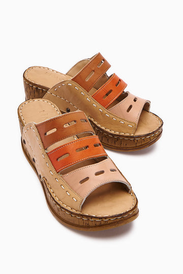 Etta Genuine Leather Mink Taba Orange Powder Laser Cut Slippers (Comfort Slippers)