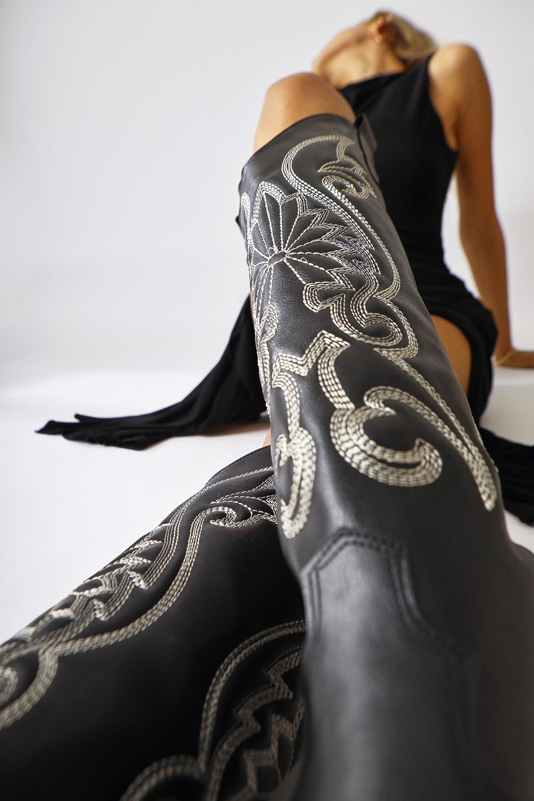 Dani Black Pointed Toe Western Boots with Embroidered Detail