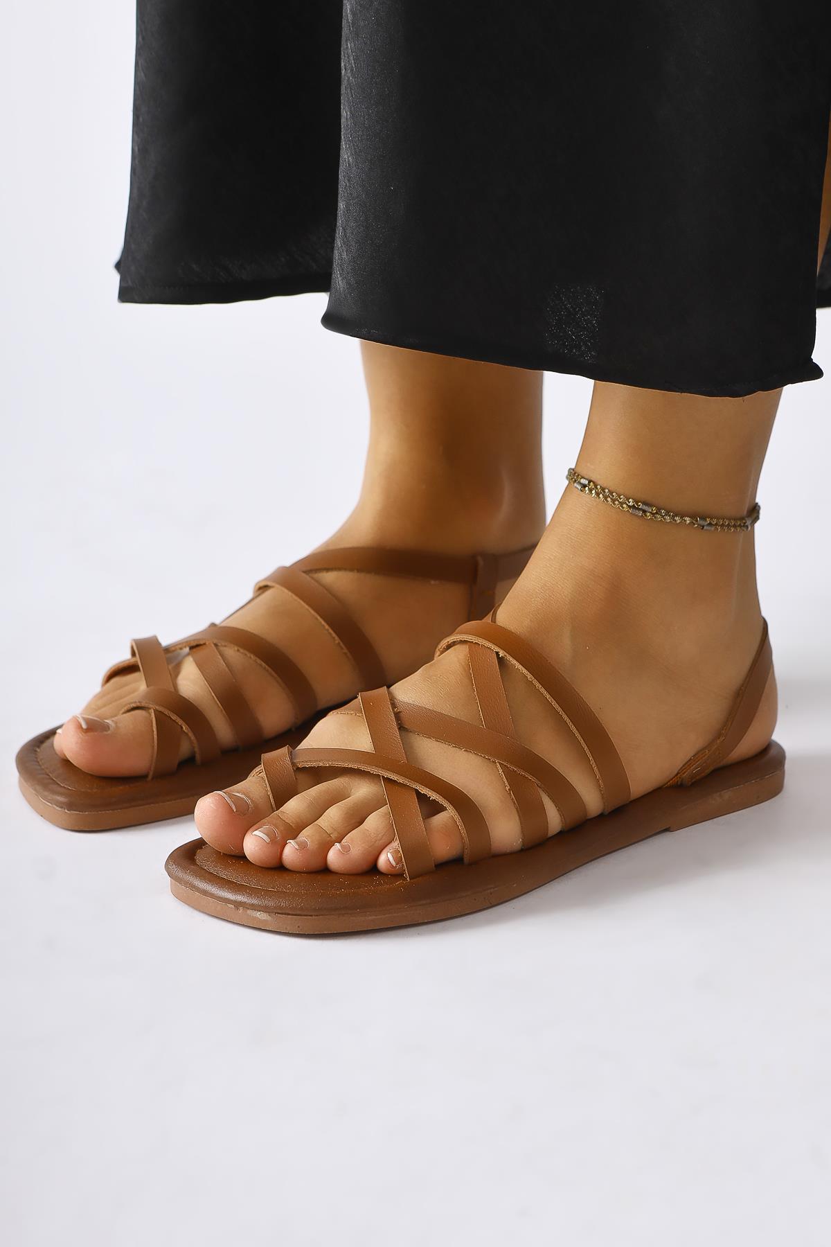 Genuine Leather Tan White Cross Thin Strap Sandals