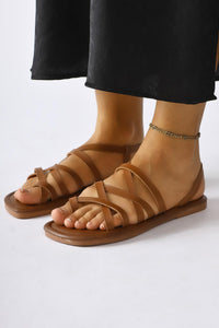 Genuine Leather Tan White Cross Thin Strap Sandals